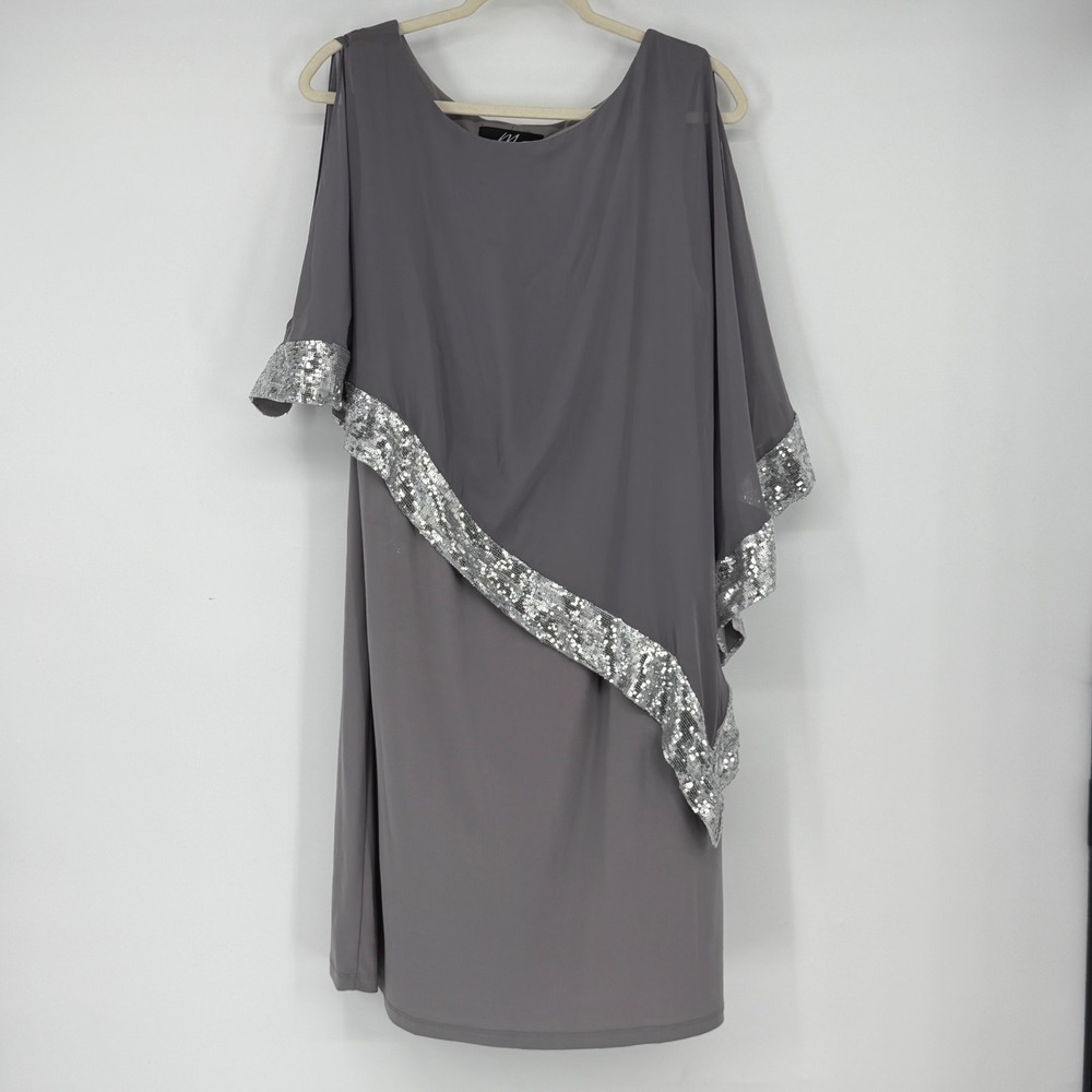Midnight Velvet Gray Sequin Trim Chiffon Overlay Cold Shoulder Dress 16W